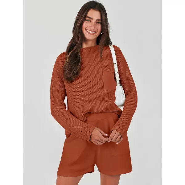 imageANRABESS Women Two Piece Outfits Sweater Sets Knit Pullover Long Sleeves Tops and Shorts Sweatsuit Lounge Set TracksuitRust