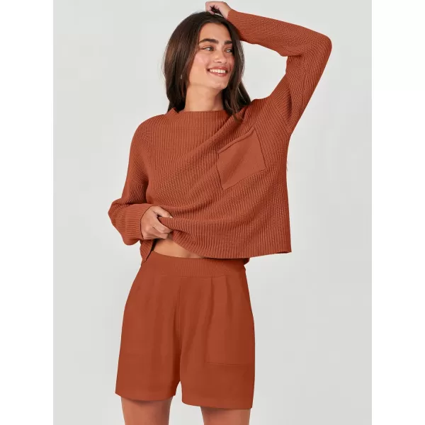 imageANRABESS Women Two Piece Outfits Sweater Sets Knit Pullover Long Sleeves Tops and Shorts Sweatsuit Lounge Set TracksuitRust