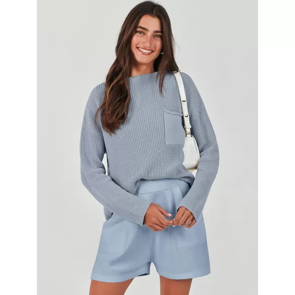 imageANRABESS Women Two Piece Outfits Sweater Sets Knit Pullover Long Sleeves Tops and Shorts Sweatsuit Lounge Set TracksuitSky