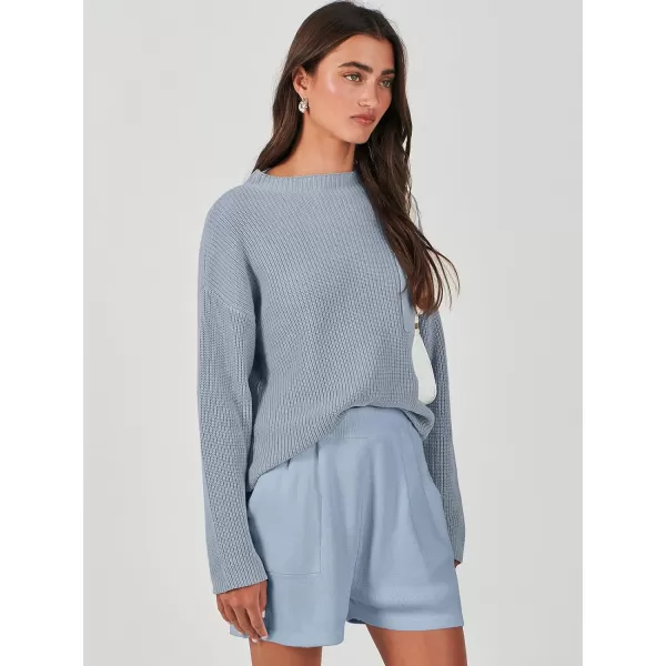 imageANRABESS Women Two Piece Outfits Sweater Sets Knit Pullover Long Sleeves Tops and Shorts Sweatsuit Lounge Set TracksuitSky
