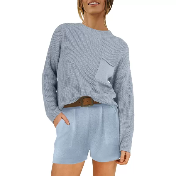 imageANRABESS Women Two Piece Outfits Sweater Sets Knit Pullover Long Sleeves Tops and Shorts Sweatsuit Lounge Set TracksuitSky