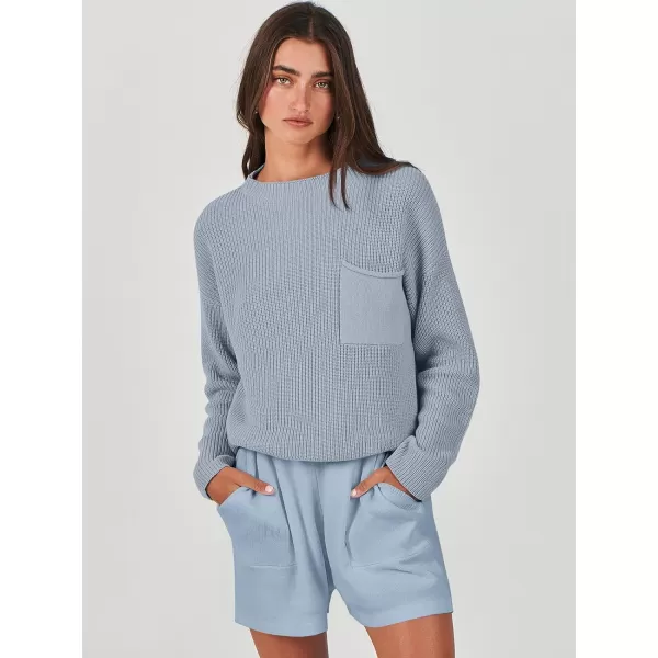 imageANRABESS Women Two Piece Outfits Sweater Sets Knit Pullover Long Sleeves Tops and Shorts Sweatsuit Lounge Set TracksuitSky