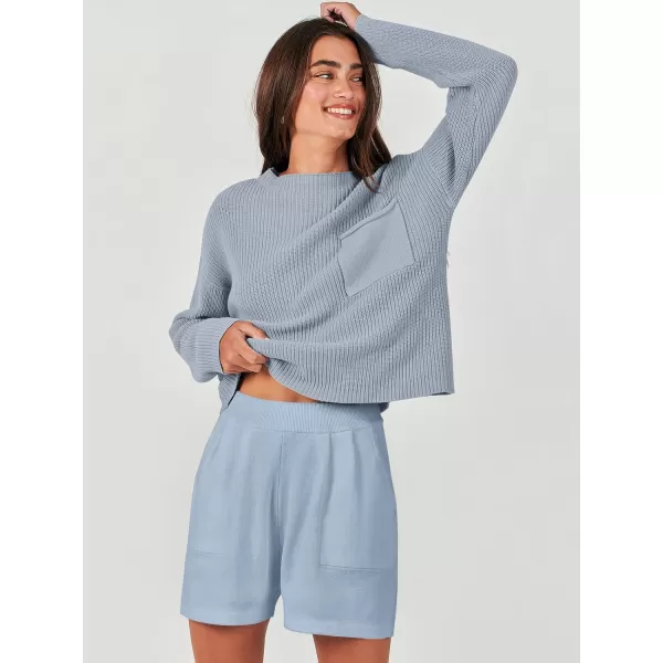 imageANRABESS Women Two Piece Outfits Sweater Sets Knit Pullover Long Sleeves Tops and Shorts Sweatsuit Lounge Set TracksuitSky
