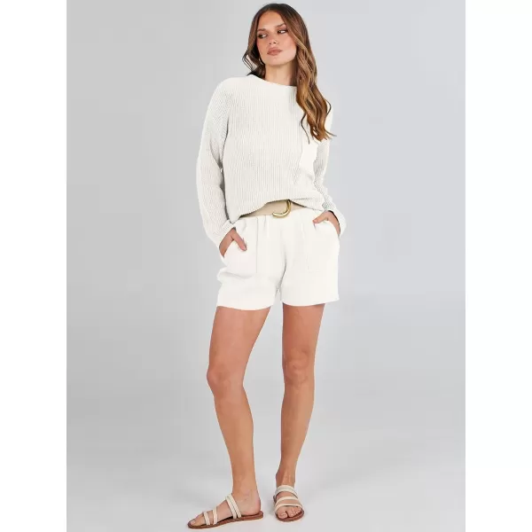 imageANRABESS Women Two Piece Outfits Sweater Sets Knit Pullover Long Sleeves Tops and Shorts Sweatsuit Lounge Set TracksuitWhite