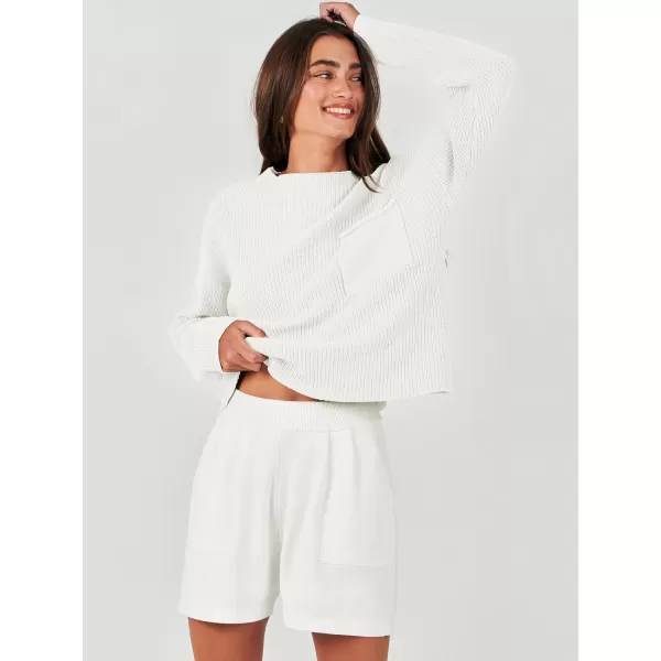 imageANRABESS Women Two Piece Outfits Sweater Sets Knit Pullover Long Sleeves Tops and Shorts Sweatsuit Lounge Set TracksuitWhite