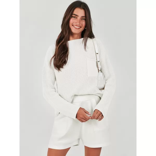 imageANRABESS Women Two Piece Outfits Sweater Sets Knit Pullover Long Sleeves Tops and Shorts Sweatsuit Lounge Set TracksuitWhite
