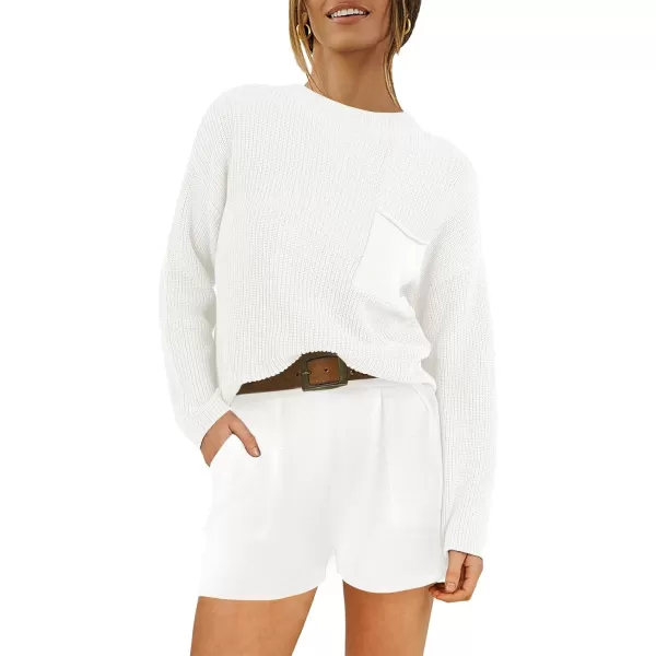 imageANRABESS Women Two Piece Outfits Sweater Sets Knit Pullover Long Sleeves Tops and Shorts Sweatsuit Lounge Set TracksuitWhite