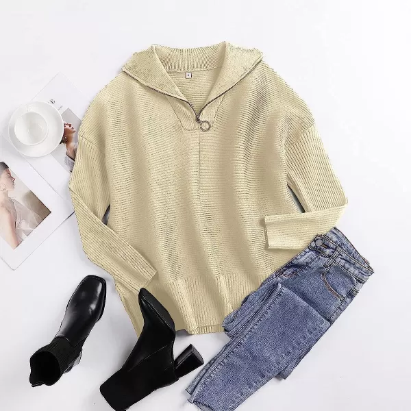 imageANRABESS Womens 14 Zipper Long Sleeve V Neck Collar Casual Oversized Ribbed Knit Pullover Tunic Sweater with SlitApricot