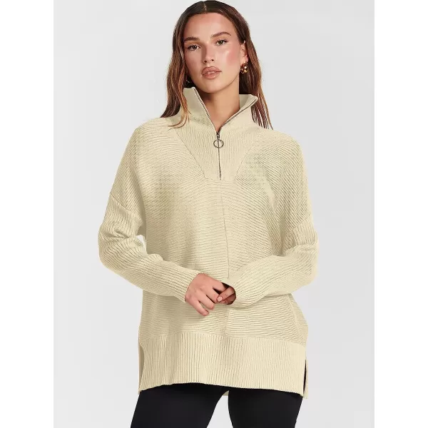 imageANRABESS Womens 14 Zipper Long Sleeve V Neck Collar Casual Oversized Ribbed Knit Pullover Tunic Sweater with SlitApricot