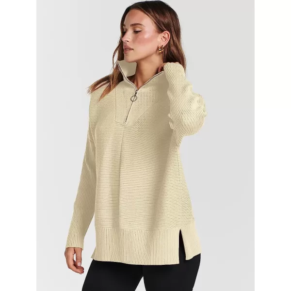 imageANRABESS Womens 14 Zipper Long Sleeve V Neck Collar Casual Oversized Ribbed Knit Pullover Tunic Sweater with SlitApricot