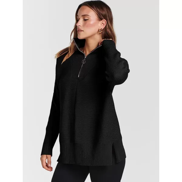 imageANRABESS Womens 14 Zipper Long Sleeve V Neck Collar Casual Oversized Ribbed Knit Pullover Tunic Sweater with SlitBlack