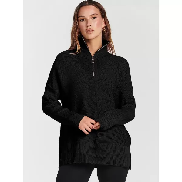 imageANRABESS Womens 14 Zipper Long Sleeve V Neck Collar Casual Oversized Ribbed Knit Pullover Tunic Sweater with SlitBlack