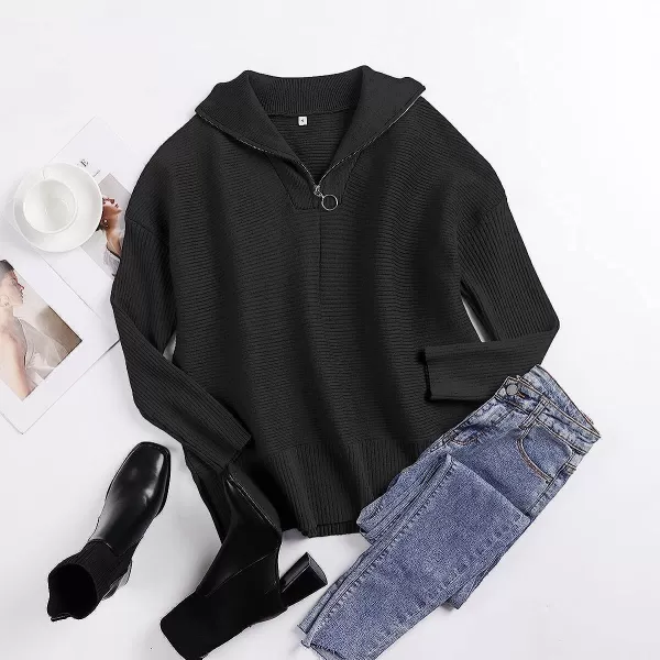 imageANRABESS Womens 14 Zipper Long Sleeve V Neck Collar Casual Oversized Ribbed Knit Pullover Tunic Sweater with SlitBlack