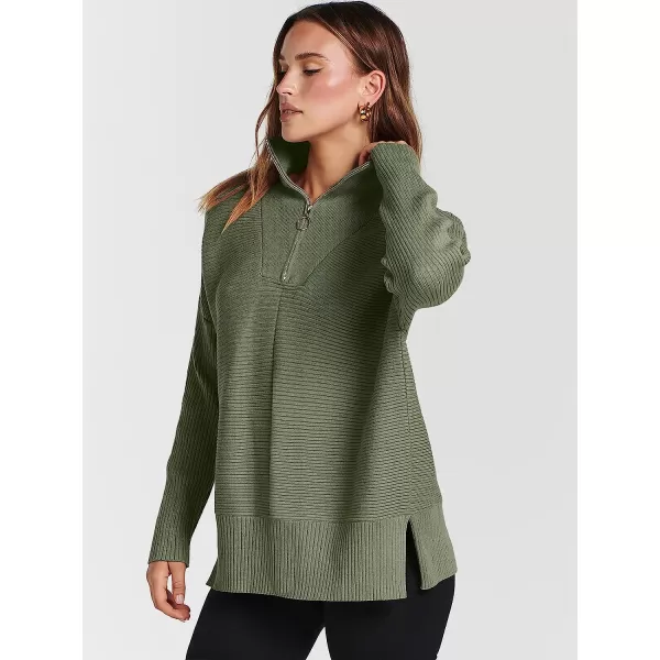 imageANRABESS Womens 14 Zipper Long Sleeve V Neck Collar Casual Oversized Ribbed Knit Pullover Tunic Sweater with SlitDark Green