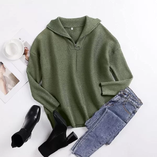 imageANRABESS Womens 14 Zipper Long Sleeve V Neck Collar Casual Oversized Ribbed Knit Pullover Tunic Sweater with SlitDark Green