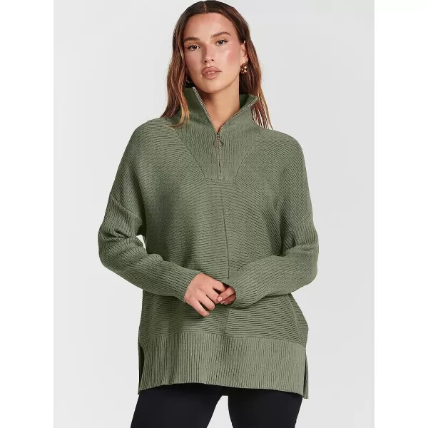 imageANRABESS Womens 14 Zipper Long Sleeve V Neck Collar Casual Oversized Ribbed Knit Pullover Tunic Sweater with SlitDark Green