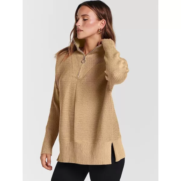 imageANRABESS Womens 14 Zipper Long Sleeve V Neck Collar Casual Oversized Ribbed Knit Pullover Tunic Sweater with SlitDeep Apricot