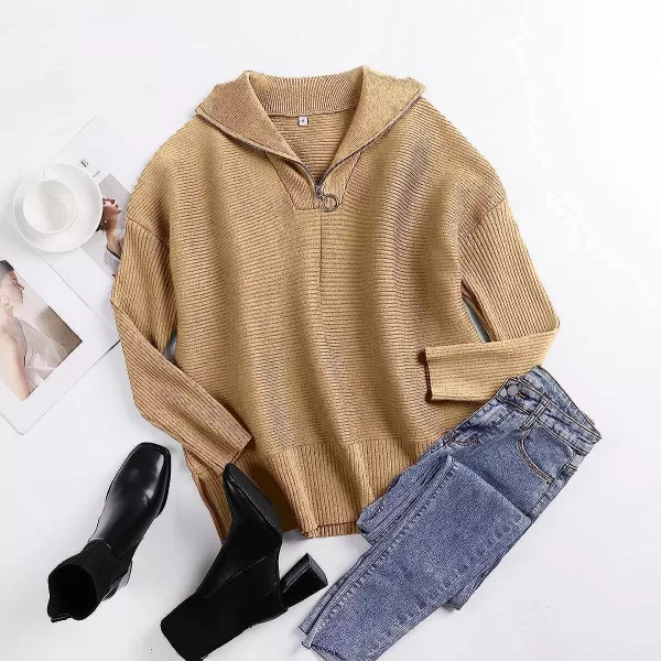 imageANRABESS Womens 14 Zipper Long Sleeve V Neck Collar Casual Oversized Ribbed Knit Pullover Tunic Sweater with SlitDeep Apricot
