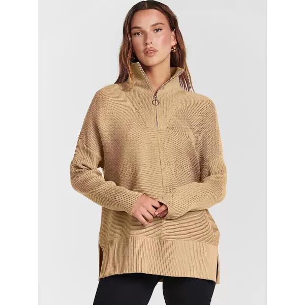 imageANRABESS Womens 14 Zipper Long Sleeve V Neck Collar Casual Oversized Ribbed Knit Pullover Tunic Sweater with SlitDeep Apricot