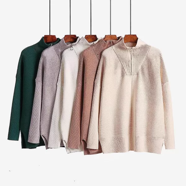 imageANRABESS Womens 14 Zipper Long Sleeve V Neck Collar Casual Oversized Ribbed Knit Pullover Tunic Sweater with SlitDeep Apricot