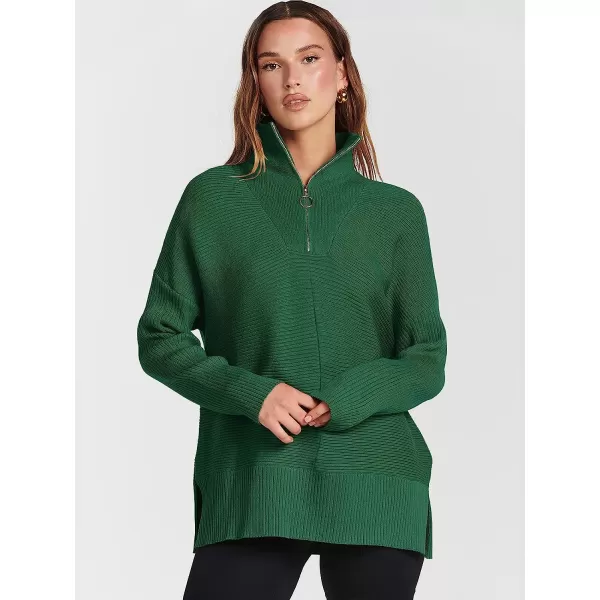 imageANRABESS Womens 14 Zipper Long Sleeve V Neck Collar Casual Oversized Ribbed Knit Pullover Tunic Sweater with SlitGreen