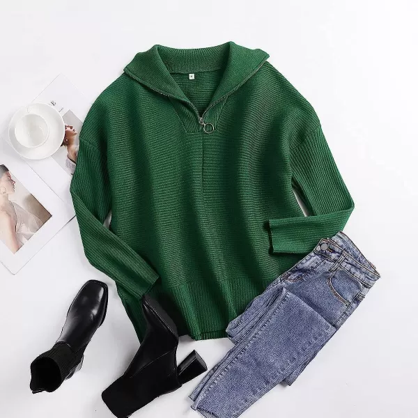imageANRABESS Womens 14 Zipper Long Sleeve V Neck Collar Casual Oversized Ribbed Knit Pullover Tunic Sweater with SlitGreen
