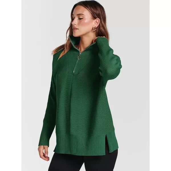 imageANRABESS Womens 14 Zipper Long Sleeve V Neck Collar Casual Oversized Ribbed Knit Pullover Tunic Sweater with SlitGreen