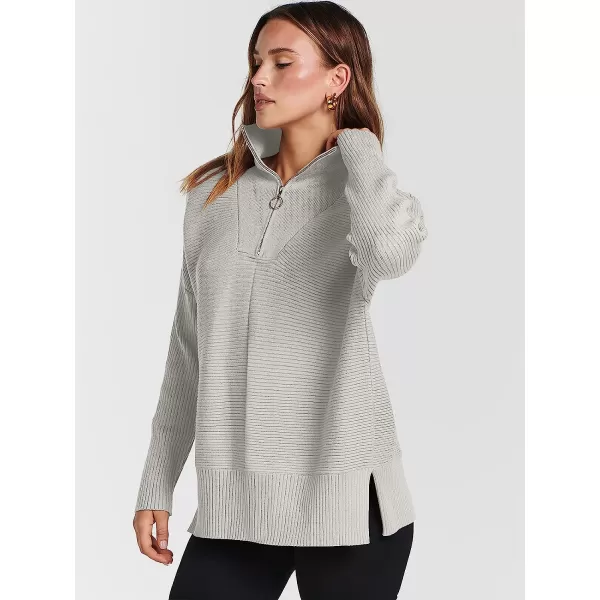 imageANRABESS Womens 14 Zipper Long Sleeve V Neck Collar Casual Oversized Ribbed Knit Pullover Tunic Sweater with SlitGrey