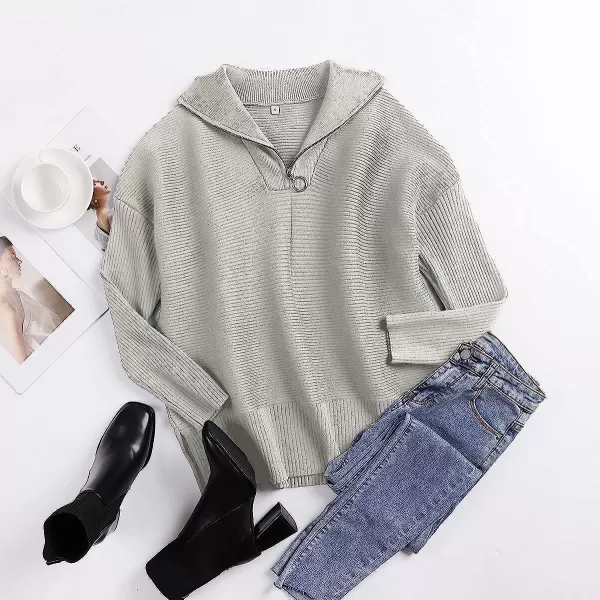 imageANRABESS Womens 14 Zipper Long Sleeve V Neck Collar Casual Oversized Ribbed Knit Pullover Tunic Sweater with SlitGrey