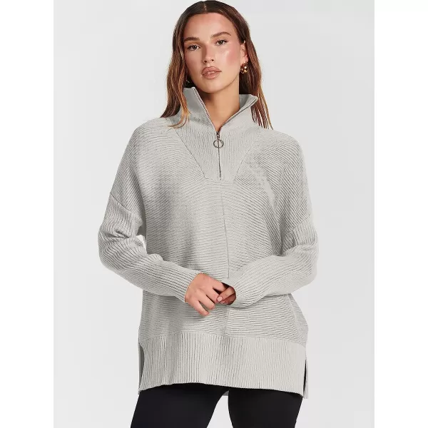 imageANRABESS Womens 14 Zipper Long Sleeve V Neck Collar Casual Oversized Ribbed Knit Pullover Tunic Sweater with SlitGrey