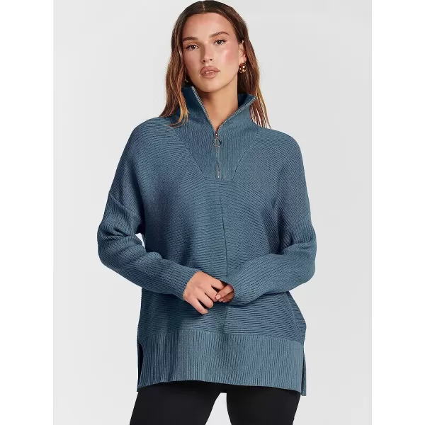 imageANRABESS Womens 14 Zipper Long Sleeve V Neck Collar Casual Oversized Ribbed Knit Pullover Tunic Sweater with SlitIndigo