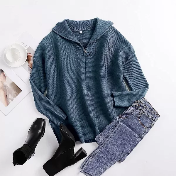 imageANRABESS Womens 14 Zipper Long Sleeve V Neck Collar Casual Oversized Ribbed Knit Pullover Tunic Sweater with SlitIndigo
