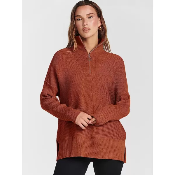 imageANRABESS Womens 14 Zipper Long Sleeve V Neck Collar Casual Oversized Ribbed Knit Pullover Tunic Sweater with SlitRust