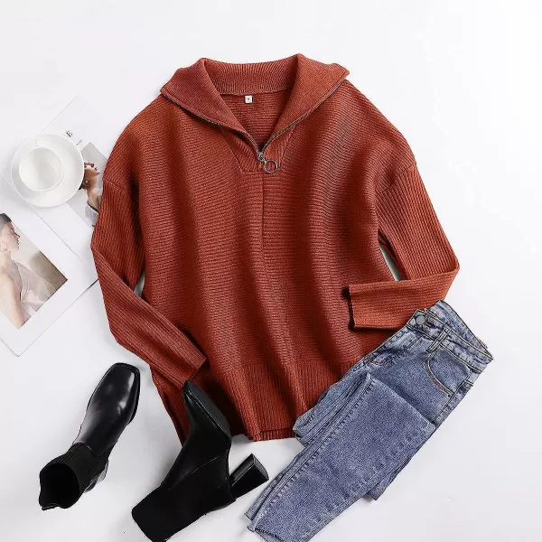 imageANRABESS Womens 14 Zipper Long Sleeve V Neck Collar Casual Oversized Ribbed Knit Pullover Tunic Sweater with SlitRust