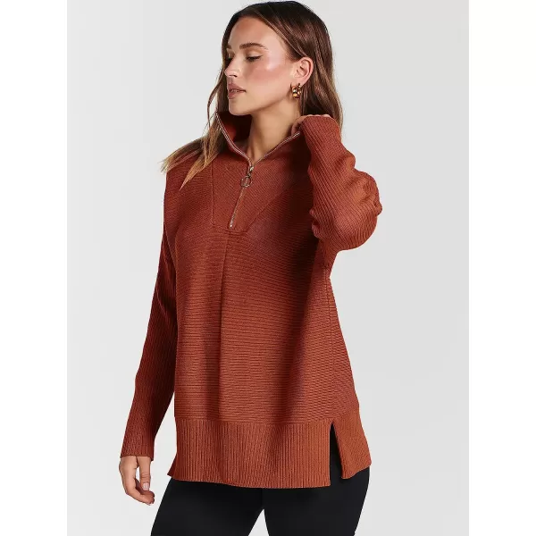 imageANRABESS Womens 14 Zipper Long Sleeve V Neck Collar Casual Oversized Ribbed Knit Pullover Tunic Sweater with SlitRust