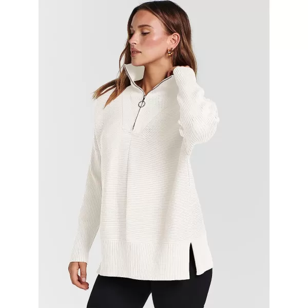 imageANRABESS Womens 14 Zipper Long Sleeve V Neck Collar Casual Oversized Ribbed Knit Pullover Tunic Sweater with SlitWhite