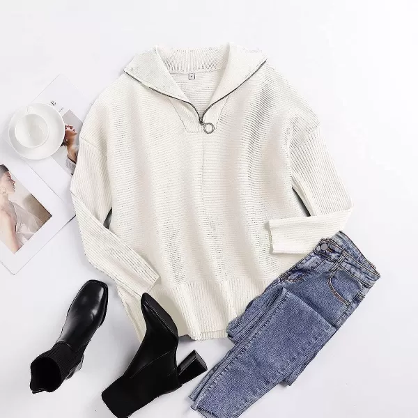 imageANRABESS Womens 14 Zipper Long Sleeve V Neck Collar Casual Oversized Ribbed Knit Pullover Tunic Sweater with SlitWhite
