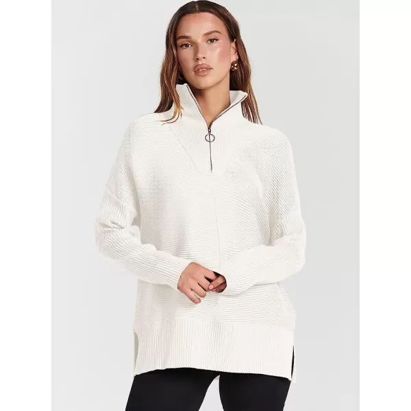 imageANRABESS Womens 14 Zipper Long Sleeve V Neck Collar Casual Oversized Ribbed Knit Pullover Tunic Sweater with SlitWhite