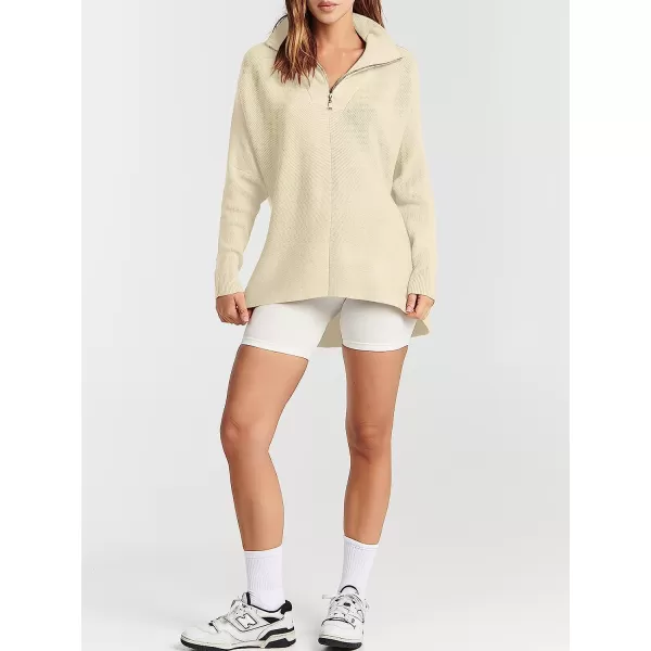 imageANRABESS Womens 14 Zipper V Neck Collared Long Batwing Sleeve Oversized Slouchy High Low Knit Tunic SweaterApricot