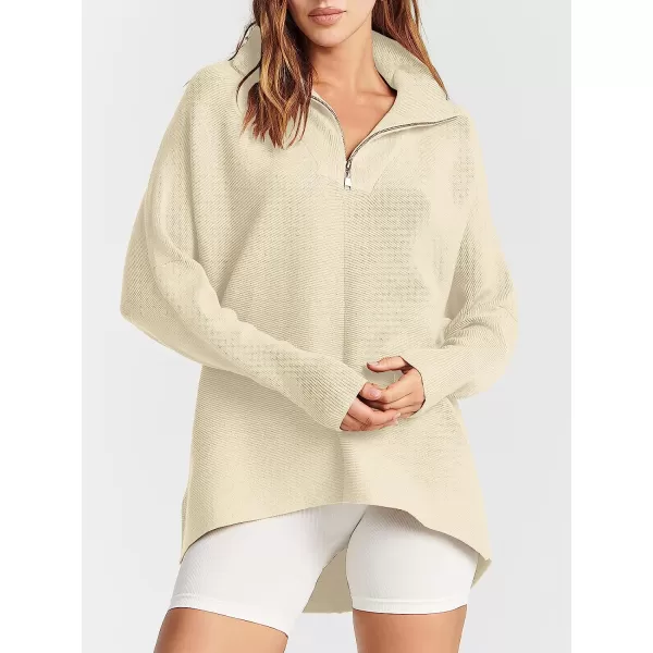 imageANRABESS Womens 14 Zipper V Neck Collared Long Batwing Sleeve Oversized Slouchy High Low Knit Tunic SweaterApricot