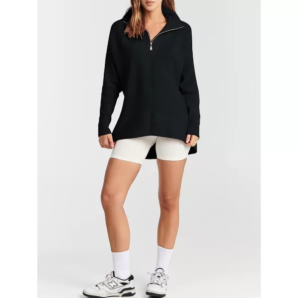 imageANRABESS Womens 14 Zipper V Neck Collared Long Batwing Sleeve Oversized Slouchy High Low Knit Tunic SweaterBlack