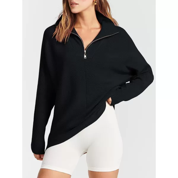 imageANRABESS Womens 14 Zipper V Neck Collared Long Batwing Sleeve Oversized Slouchy High Low Knit Tunic SweaterBlack