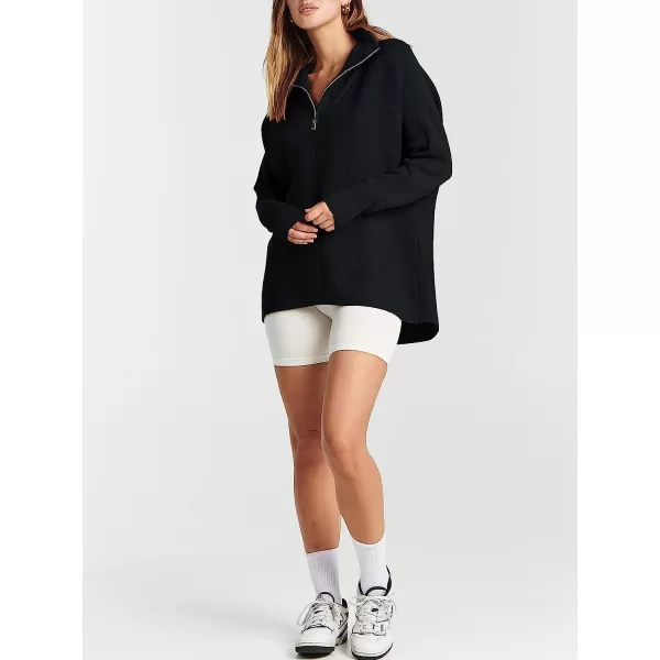 imageANRABESS Womens 14 Zipper V Neck Collared Long Batwing Sleeve Oversized Slouchy High Low Knit Tunic SweaterBlack