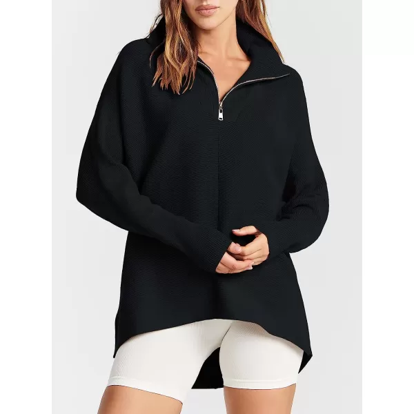 imageANRABESS Womens 14 Zipper V Neck Collared Long Batwing Sleeve Oversized Slouchy High Low Knit Tunic SweaterBlack