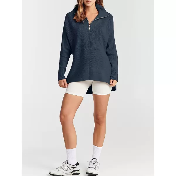 imageANRABESS Womens 14 Zipper V Neck Collared Long Batwing Sleeve Oversized Slouchy High Low Knit Tunic SweaterDusty Blue
