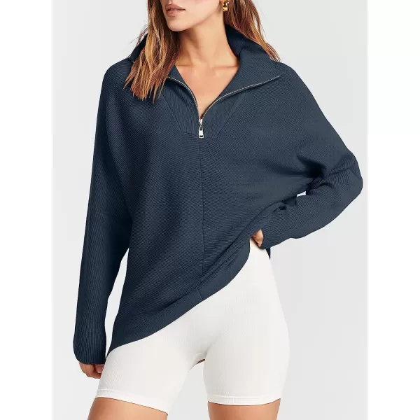 imageANRABESS Womens 14 Zipper V Neck Collared Long Batwing Sleeve Oversized Slouchy High Low Knit Tunic SweaterDusty Blue