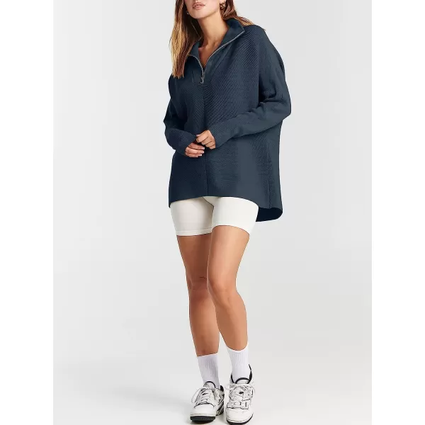 imageANRABESS Womens 14 Zipper V Neck Collared Long Batwing Sleeve Oversized Slouchy High Low Knit Tunic SweaterDusty Blue