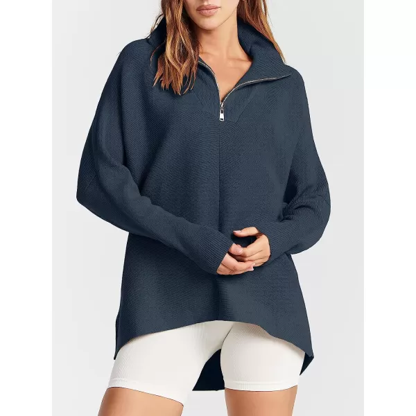 imageANRABESS Womens 14 Zipper V Neck Collared Long Batwing Sleeve Oversized Slouchy High Low Knit Tunic SweaterDusty Blue