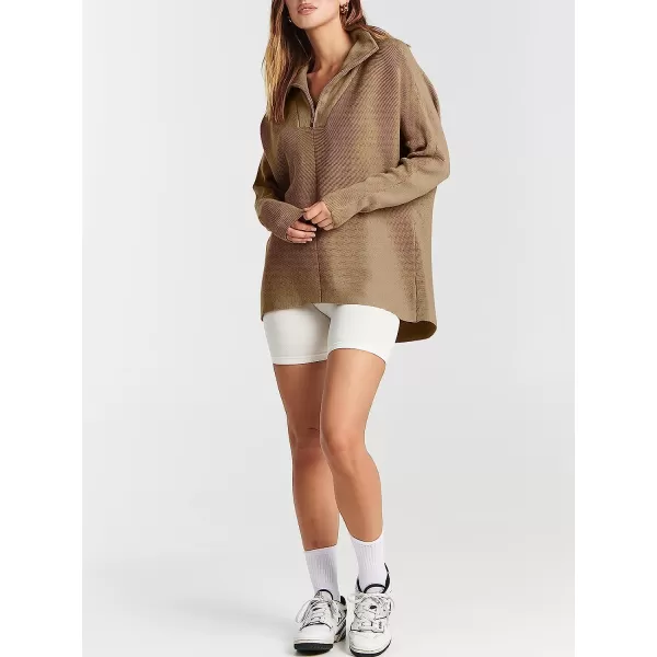 imageANRABESS Womens 14 Zipper V Neck Collared Long Batwing Sleeve Oversized Slouchy High Low Knit Tunic SweaterKhaki