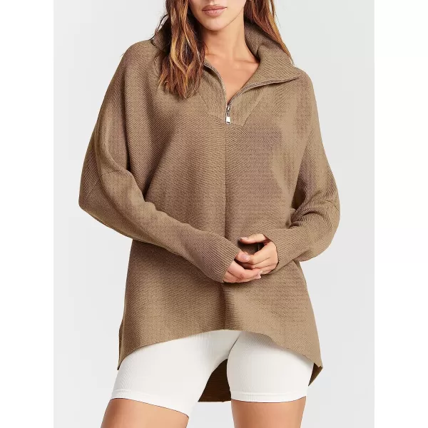 imageANRABESS Womens 14 Zipper V Neck Collared Long Batwing Sleeve Oversized Slouchy High Low Knit Tunic SweaterKhaki